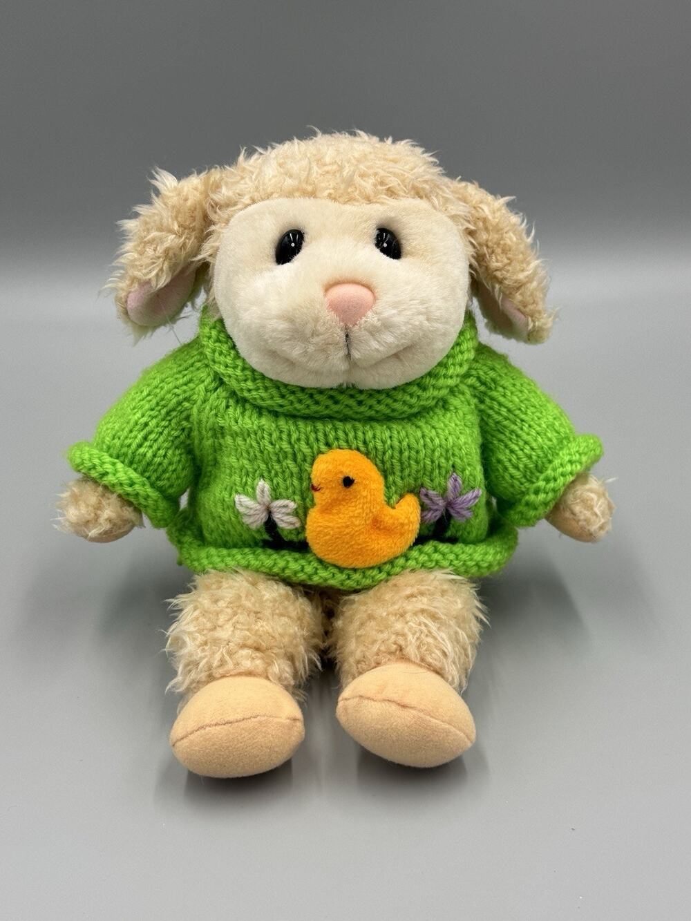 Vintage Gibson Greetings Beige Lamb Plush In Green Sweater W/ Duck On Front 9.5”
